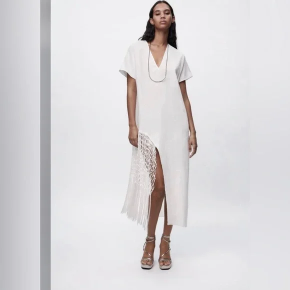 Zara White Linen Fringed Asymmetrical Dress